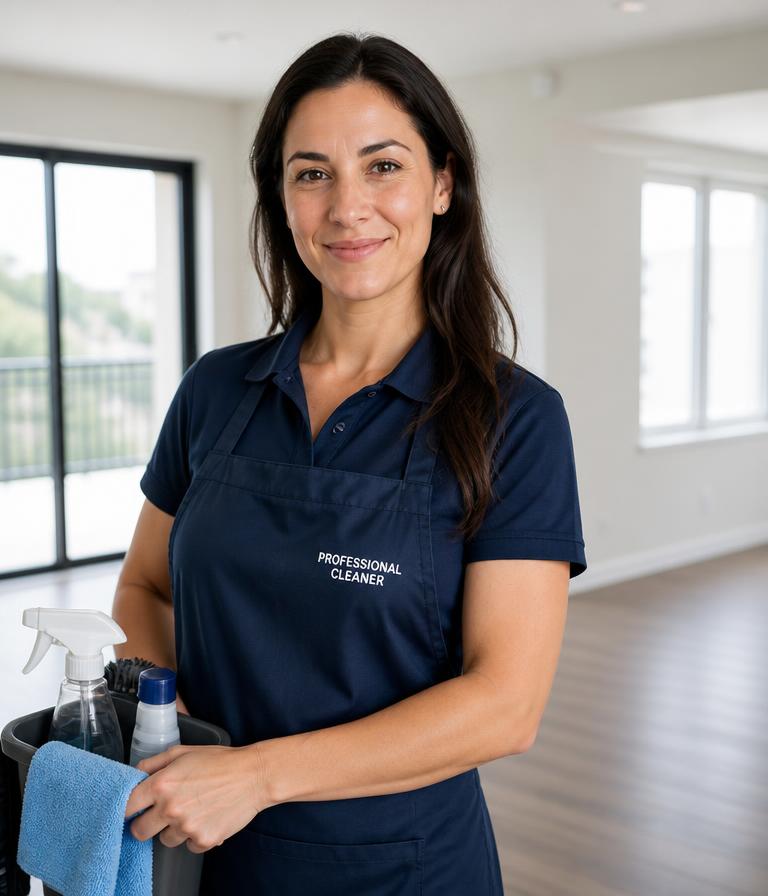 Maria T., a HireMaid end of tenancy specialist in a navy uniform, standing in an empty flat with a cleaning caddy