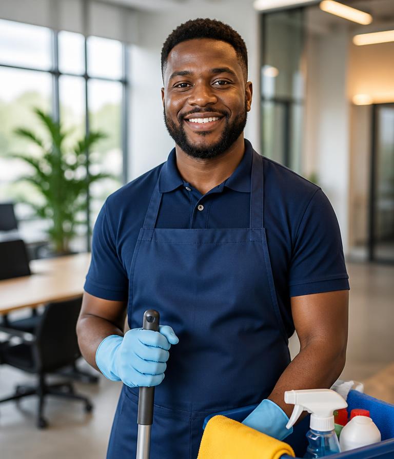 Daniel O., a HireMaid commercial cleaner in a navy uniform, standing in a bright office space
