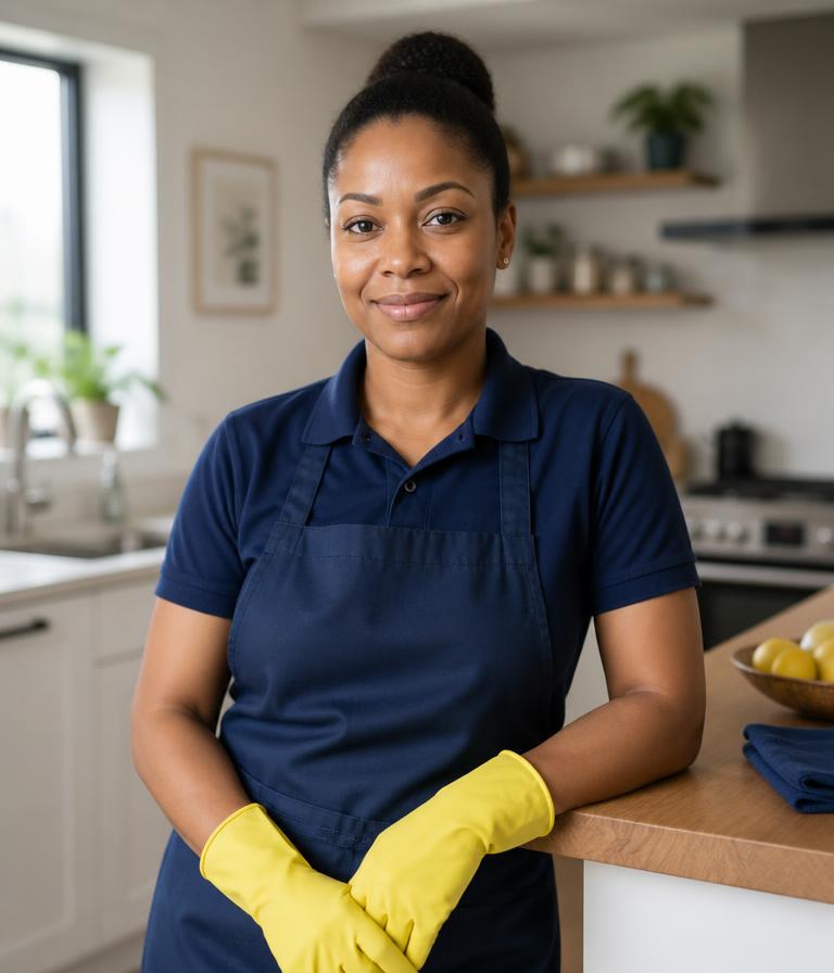 Aisha K., a HireMaid senior residential cleaner in a navy uniform, standing in a bright kitchen
